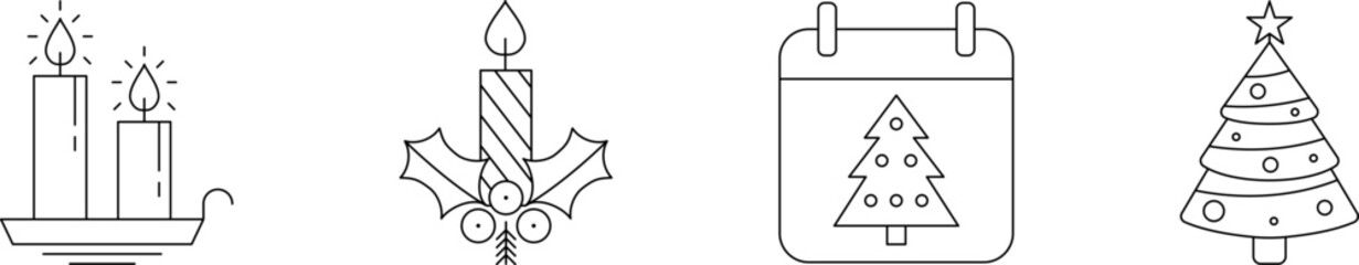 Christmas Thin Line Icon Set. Christmas tree, Candle and Holly berry line icon vector image. New year. Merry Christmas and Happy New Year Drawing decor line icon.