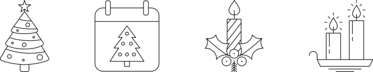 Christmas Thin Line Icon Set. Christmas tree, Candle and Holly berry line icon vector image. New year. Merry Christmas and Happy New Year Drawing decor line icon.