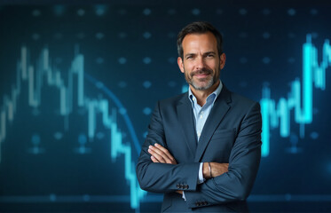 Fototapeta premium An American man standing confidently with holographic stock market charts glowing in the background. He is dressed in business attire