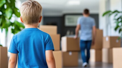 A young boy dressed in a blue shirt stands attentively in a sunlit room, observing his father as he carries cardboard boxes, preparing for their move to a new home
