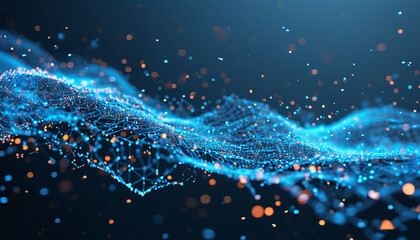 Abstract blue background of points. Falling cyber particles. Big data stream. 3d rendering