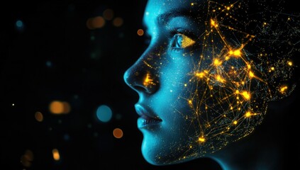 Obraz premium Digital Portrait: Woman's Face Illuminated by a Network of Lights