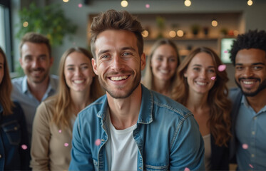 Fototapeta premium A close-up of a happy group of young business people wearing casual attire, celebrating success in an office