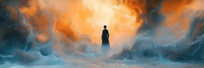 A Solitary Figure Stands in a Dreamlike, Abstract Landscape of Swirling Colors, Bathed in a Warm Glow.