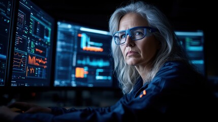 A skilled woman with silver hair works intently on a series of computer screens filled with complex data during the evening, showcasing her expertise in technology and coding