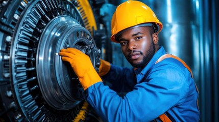 A technician in safety gear is carefully working on a large industrial turbine, ensuring its proper function. The brightly lit manufacturing facility enhances the focus on the task