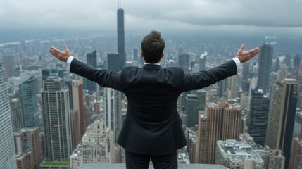 A suited man stands on a rooftop terrace, arms extended wide in celebration while overlooking a sprawling city skyline filled with towering buildings and a moody sky