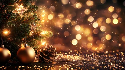 A beautifully decorated Christmas tree with golden ornaments and sparkling lights, creating a festive atmosphere with a warm glow.