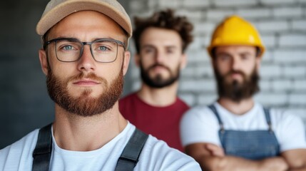 Fototapeta premium Three young men stand confidently in a construction area, with one in focus. They wear casual outfits, safety glasses, and a hard hat, showcasing teamwork in a developing workspace