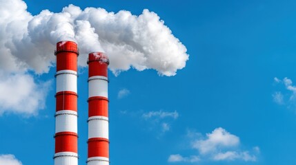 Tall red and white smokestacks emit thick white clouds into the bright blue sky