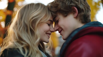 Naklejka premium A young couple leans close, smiling at one another amidst a backdrop of vibrant autumn leaves. The soft golden light creates a warm, intimate atmosphere as they connect