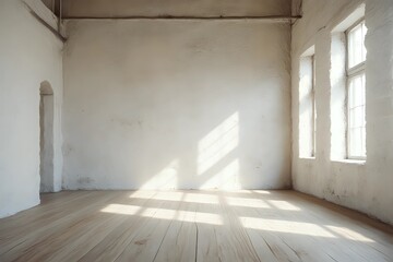 Fototapeta premium Empty Room with Whitewashed Brick Walls and Wooden Floor: A Rustic Minimalist Interior Design Concept