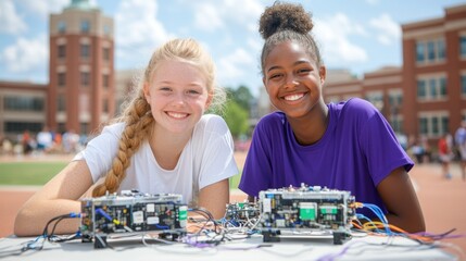 Two enthusiastic girls proudly display their robotics project at a STEM camp, surrounded by bright sunlight and a vibrant university campus filled with fellow participants