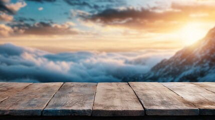 A wooden table sits at the edge of a mountain, providing a perfect view of the colorful sunset illuminating the sky and clouds below in a serene atmosphere