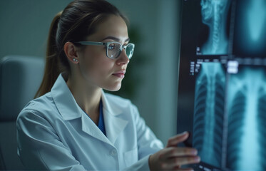 A female radiologist examining an x-ray image in her office, focused and attentive as she reviews the details