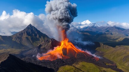 Fototapeta premium A volcano erupts powerfully, releasing a torrent of bright orange lava and thick ash clouds into the clear blue sky. Surrounded by rugged mountains, this natural phenomenon captivates viewers