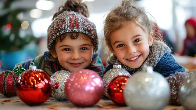 Two children decorate Christmas balls with glitter and bright colors in a warm and fun craft workshop