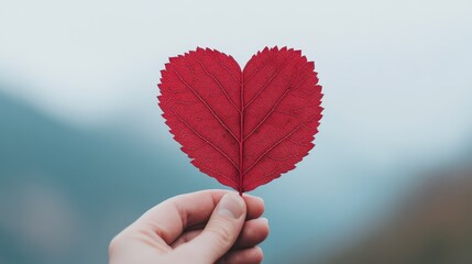 Close up of a human hand gently holding a red heart shaped leaf symbolizing the delicate balance of health and fragility as a concept for healthcare awareness and wellness