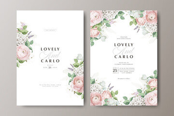 wedding card set template with white ranunculus flower  and golden line decoration