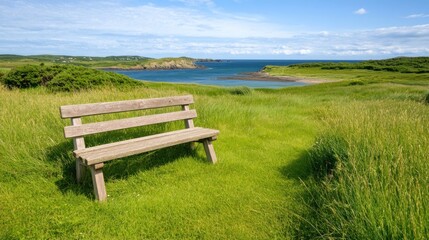 A wooden bench sits invitingly amidst lush green grass, providing a perfect spot to enjoy the beautiful coastal landscape under a clear blue sky