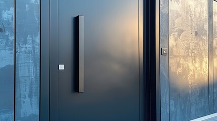 Modern plain Black aluminum entrance door, black rectangular pull bar on the door panel.