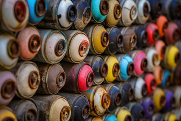                               Colorful Spray Paint. Spray paint cans lined up on a colorful wall. Background photo.