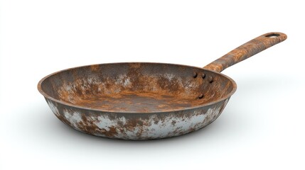 A rusty frying pan, showing wear and age, suitable for cooking or display.