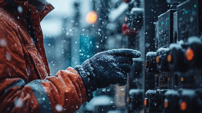 Gloved Hand in Snowy Weather Reaching for Control Panel.