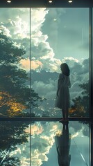 Fototapeta premium Silhouette of a Woman Looking Out a Window at Night