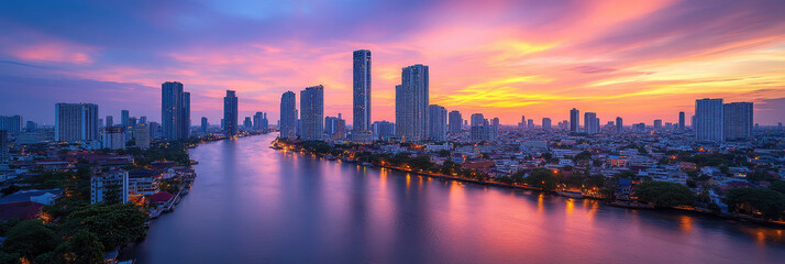 Fototapeta premium A breathtaking sunset casts vibrant colors over the Chao Phraya River, highlighting the skyline of Bangkok's modern skyscrapers