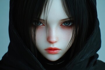 A striking portrait of a young person with captivating blue eyes and dark hair, partially hidden under a hood, This image is ideal for themes of mystery, youth, or emotional storytelling in media,