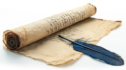 Ancient scroll with handwritten text and feather quill on a white isolated background.