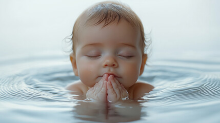 A calm baby floats in calm water with eyes closed and hands clasped together as if praying for baptism, enjoying a moment of calm repose and innocence.