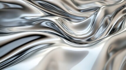 Shimmering silver fabric flowing elegantly in smooth waves, capturing light and reflection.
