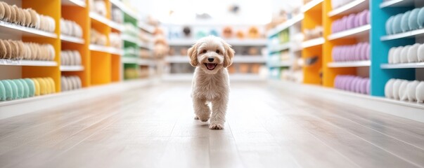 A cheerful dog stands in a colorful pet supply store aisle, surrounded by shelves filled with vibrant products.
