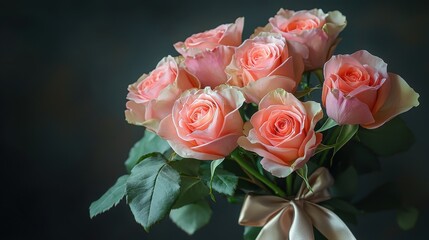 A bouquet of fresh pink roses arranged elegantly with green leaves