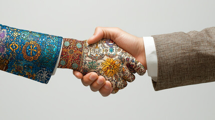 A vibrant handshake between two people highlights cultural diversity, with one wearing a richly patterned suit while the other opts for a more traditional grey attire.