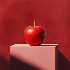 A photorealistic image of a single, crisp white apple with a stem and a shadow on a bright red background