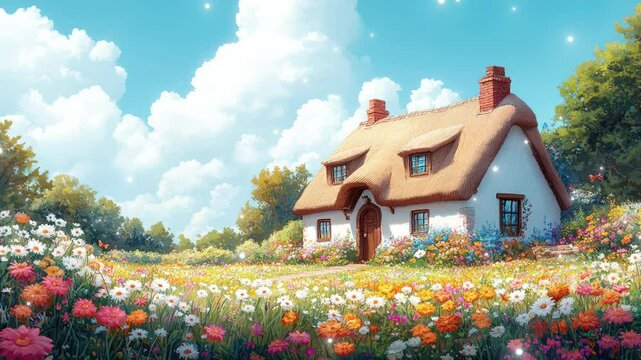 Explore a charming cottage nestled amidst a vibrant floral meadow, bathed in sunlight with fluffy clouds drifting overhead. seamless looping 4K time-lapse virtual video animation background