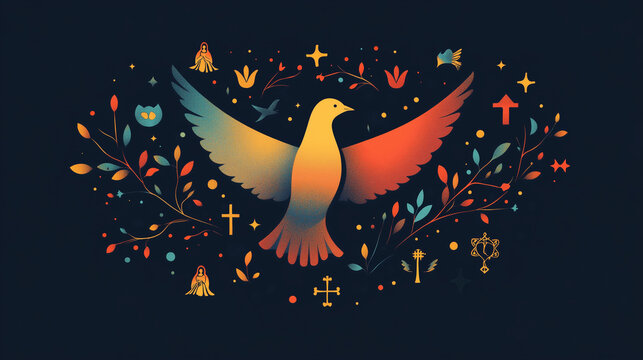 A dove spreads its wings amidst a backdrop of colorful religious symbols and delicate foliage, creating a captivating and peaceful atmosphere. - Powered by Adobe