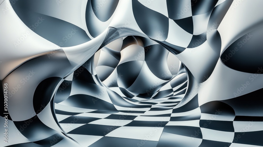 Poster an abstract tunnel with a mesmerizing black and white checkerboard pattern, creating a dynamic sense