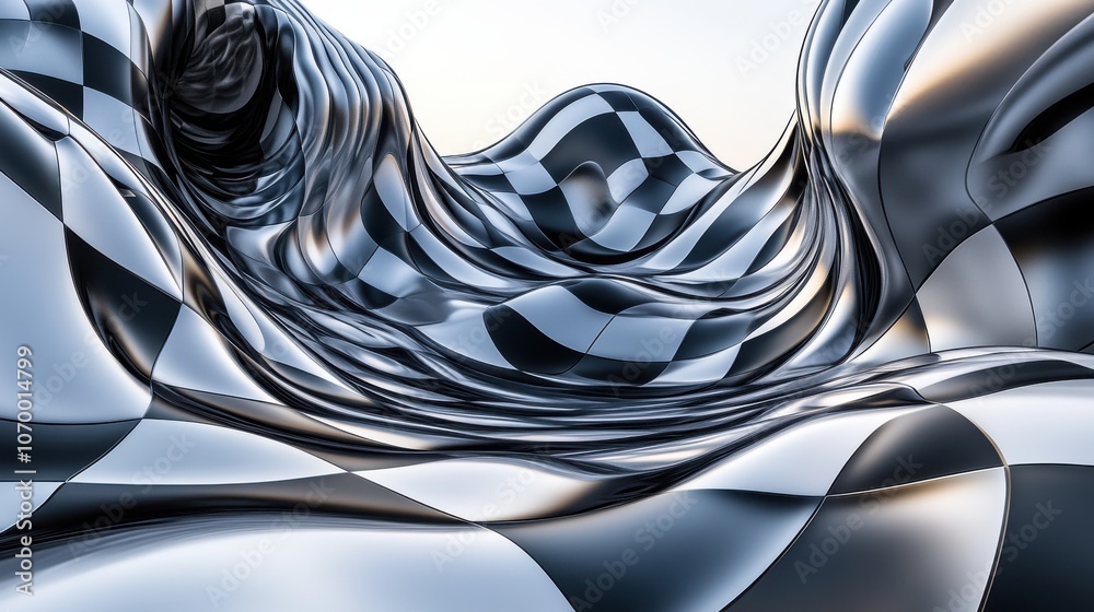 Poster a mesmerizing abstract landscape of undulating black and white checkered patterns, creating a sense 