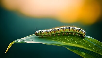 Caterpillar on leaf, intricate pattern, blurred nature background, 3D illustration.