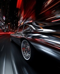 Vintage car speeding through vibrant night cityscape with blurred lights