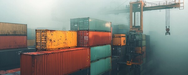 Shipping Containers Stacked High in Fog.