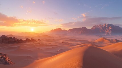 Naklejka premium Breathtaking desert landscape at sunset, featuring rolling dunes and distant mountains under a vibrant sky.