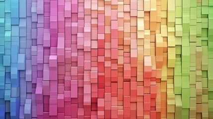 Fototapeta premium Abstract colorful wall made of 3D cubes in a gradient from blue to red, creating a vibrant and lively atmosphere.