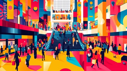 Obraz premium Shopping Mall Interior with People and Colorful Geometric Shapes.