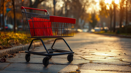 A shopping cart sits abandoned on a cobblestone street, illuminated by the warm hues of sunset and framed by colorful autumn foliage