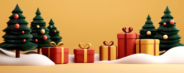 A festive scene featuring decorated Christmas trees and colorful gifts on a snowy surface against a warm yellow background